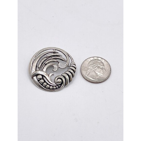 Taylord Sterling Silver Brooch Scroll Leaf Swirl Round Vintage Mid Century - Picture 2 of 7